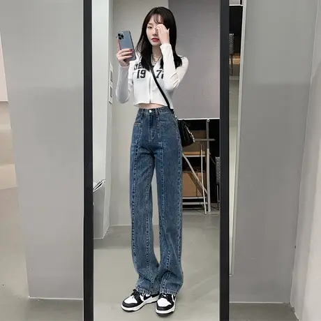 直筒牛仔裤女春装2023年新款高腰显瘦宽松设计感拼接潮ins阔腿裤商品大图