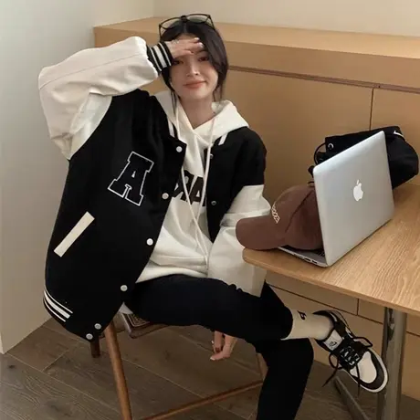 vintage外套女2022春秋薄款美式复古上衣运动开衫夹克棒球服潮ins图片