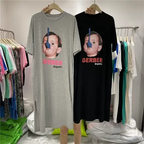 韩国2021夏季新款圆领搞怪小孩印花宽松短袖长款开叉T恤连衣裙女商品大图