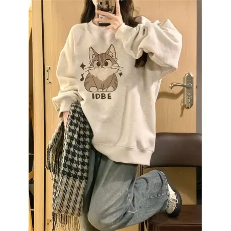 卡通猫咪印花设计感卫衣女春秋薄款美式复古宽松慵懒风上衣小个子图片