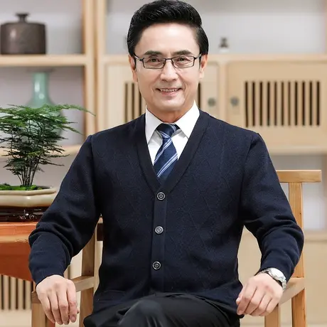 秋冬季开衫外套男士中老年人毛衣加厚新款爸爸装针织打底穿上衣服商品大图