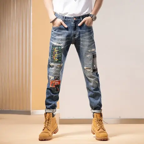 Modi Nick/摩帝尼克夏季男士牛仔裤潮牌潮流破洞裤子拼接男款裤子商品大图