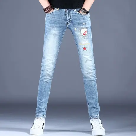 2023新款浅色烫钻牛仔裤男款修身小脚高端潮牌秋款薄裤子弹力百搭商品大图