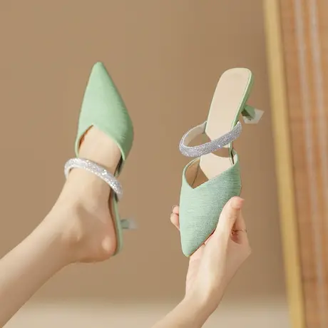 尖头一字带凉鞋2023夏季新款水钻后空细跟高跟鞋磨砂感外穿仙女风商品大图