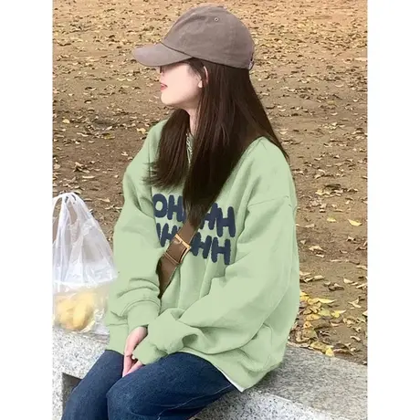 美式复古卫衣女装春秋款大码胖mm慵懒风显瘦长袖上衣外套2-300斤商品大图
