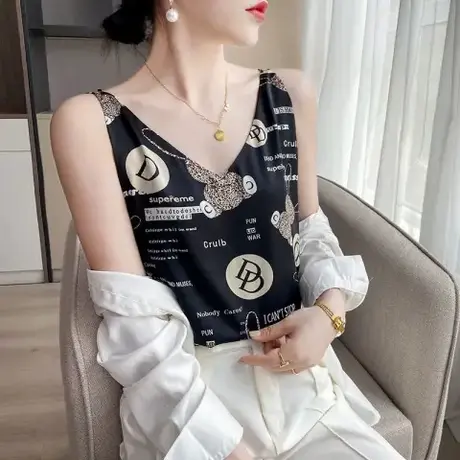 欧货真丝吊带背心女夏外穿潮西装内搭V领打底性感印花桑蚕丝上衣商品大图