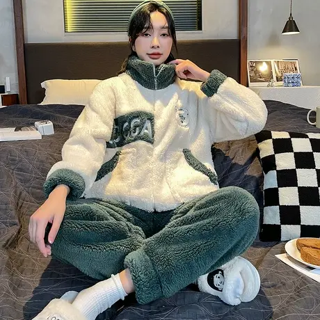 珊瑚绒睡衣女秋冬季加绒加厚法兰绒冬天女士拉链款家居服套装冬款图片