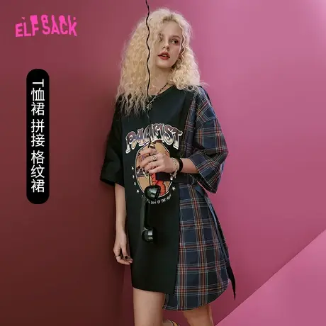 妖精的口袋复古拼接格子连衣裙女2023夏季新款t恤裙假两件设计感图片