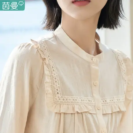 茵曼旗舰店2023春女装新款田园法式提花木耳边花边宽松衬衫衬衣图片