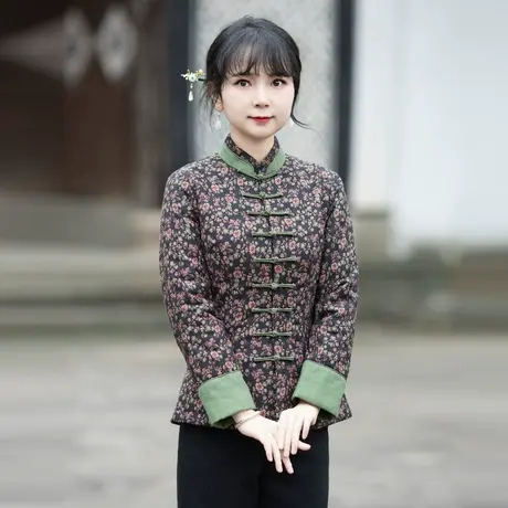 筠雅唐装女冬季新款加厚保暖旗袍复古短款改良茶服中式女装23J703商品大图