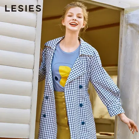 蓝色倾情春秋季女装新款 蓝色格子双排扣系带中长款长袖风衣外套图片