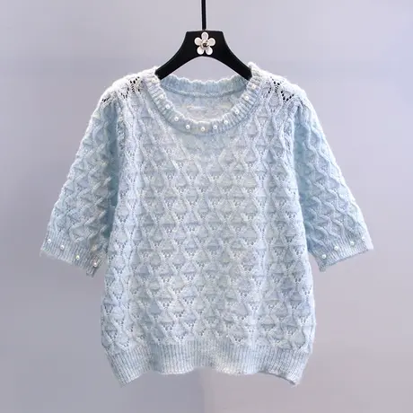 钉珠设计感短袖镂空针织衫女春夏2023年新款韩版时尚短款外穿毛衣图片