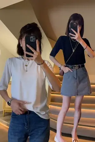 莫代尔中袖t恤圆领面膜打底衫女春秋内搭冰丝薄款百搭上衣ins潮款商品大图