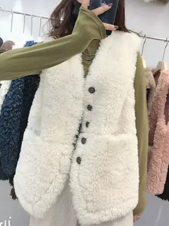 小香风羊羔毛背心马甲V领秋冬新款2023仿皮毛一体时尚韩版外套潮商品大图