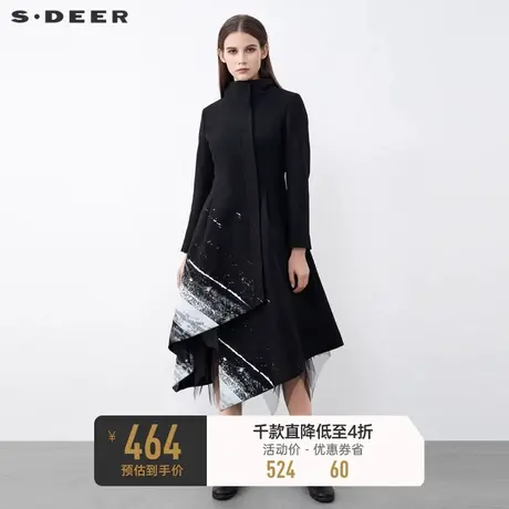 sdeer圣迪奥女装休闲高领泼墨印花不规则长款毛呢大衣S21481820图片