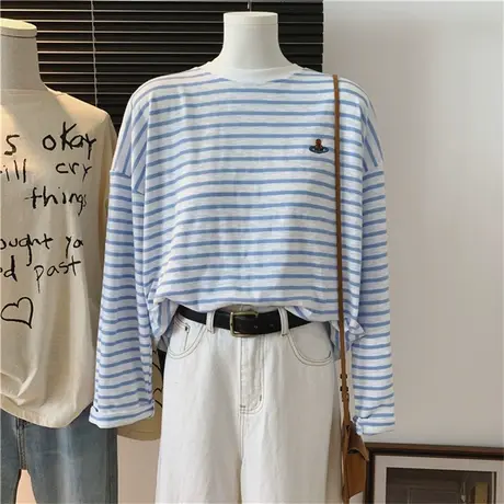 刺绣星球条纹清爽宽松棉质长袖圆领休闲时尚韩国青春女式T恤衫秋商品大图