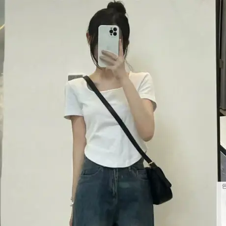 设计感小众正肩不规则方领短袖T恤女夏辣妹短款高腰修身显瘦上衣商品大图