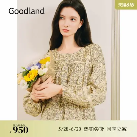 Goodland美地女装2024冬季新款斜纹绸法式浪漫碎花收腰连衣裙图片