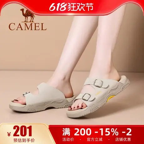 骆驼女鞋2025夏季新款外穿一字带休闲凉鞋平跟厚底妈妈凉鞋女拖鞋图片