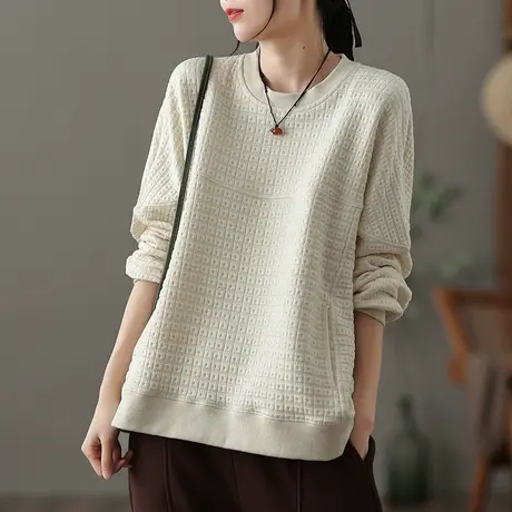 dza 圆领套头宽松纯棉格子卫衣女士秋冬新款休闲内搭打底长袖上衣图片