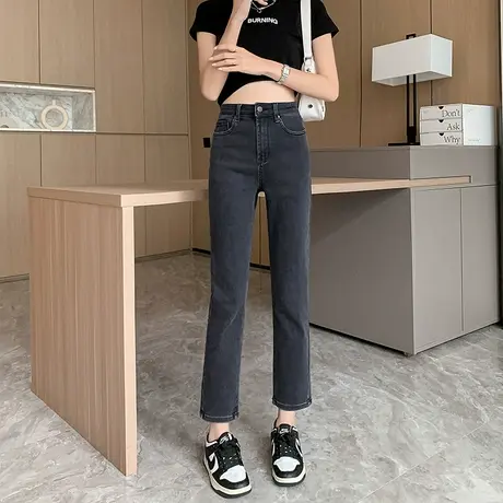 唐狮春秋季新款牛仔裤女高腰显瘦直筒微喇烟管裤潮流黑色裤子女冬图片
