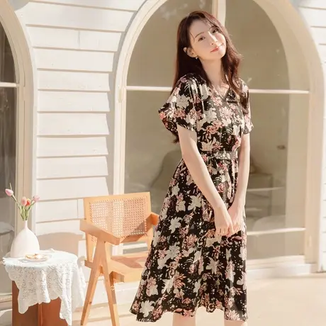 桔熊夏季法式浪漫印花V领垂感收腰短袖中长连衣裙子女大码DA9161图片