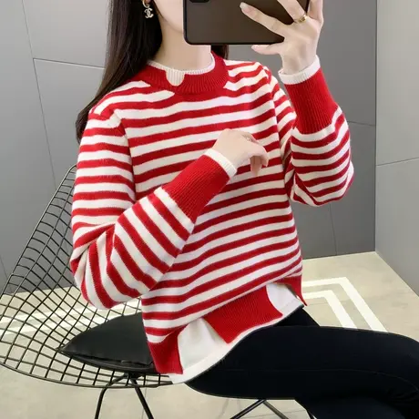 假两件毛衣女圆领秋冬2023年新款宽松加厚红色条纹爆款针织打底衫商品大图