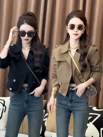 2023秋季小个子欧货时尚洋气双排扣风衣宽松休闲通勤夹克短外套女商品大图