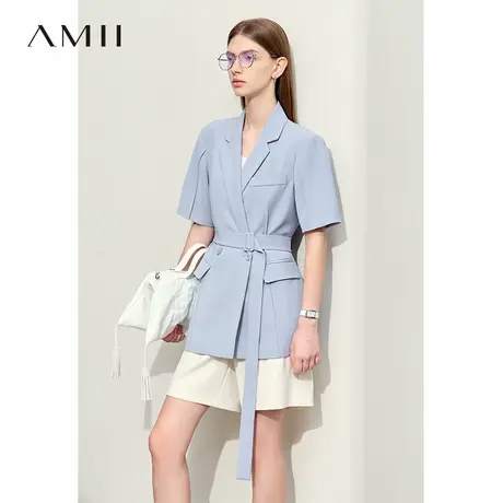 Amii2025夏新款翻驳领垫肩配腰带短袖西装女上衣西服正装职业装图片
