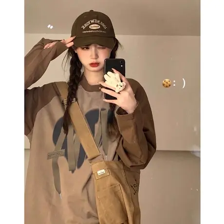复古学院风长袖T恤女大码胖mm秋季薄款显瘦ins潮插肩袖上衣打底衫商品大图