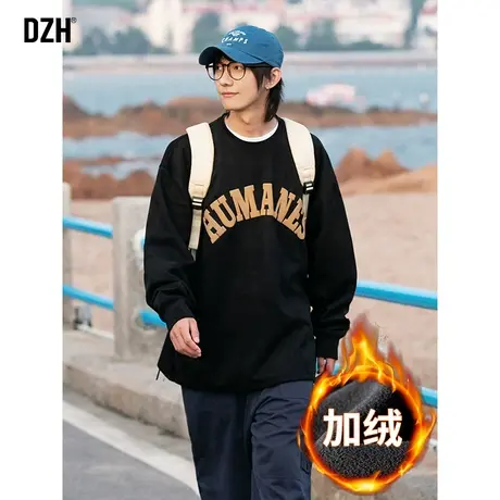 男士圆领卫衣男冬季加绒加厚日系长袖内搭发泡印花外套2023年新款商品大图