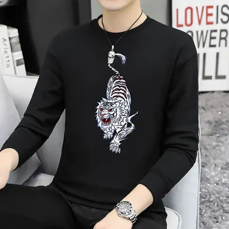 重磅纯棉国潮卫衣男宽松秋冬加绒加厚摇粒绒虎头圆领无帽长袖t恤商品大图