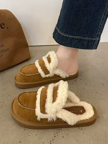 包头半拖鞋女秋冬季2023新款网红博肯鞋外穿毛绒绒棉拖平底毛毛拖商品大图