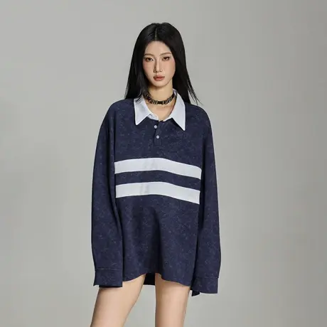 美式复古撞色条纹polo领套头卫衣女春秋新款宽松休闲简约情侣上衣商品大图