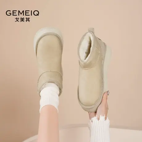 戈美其真皮雪地靴女2024新款冬季加绒加厚保暖抗寒短靴东北大棉鞋商品大图