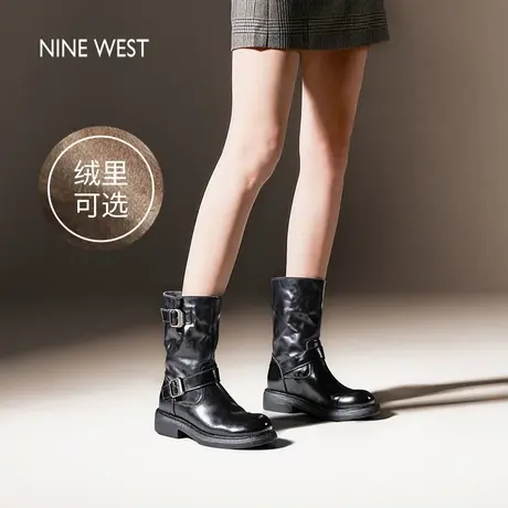 Nine West/玖熙方糖骑士中筒靴子女秋冬新款加绒短靴西部靴时装靴图片