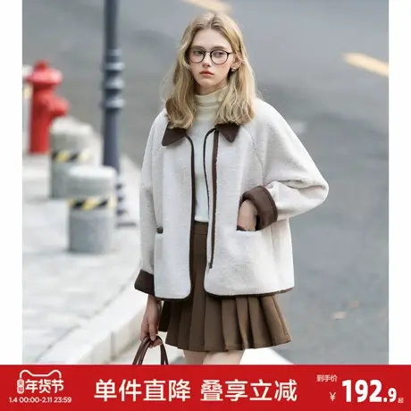 唐狮2026秋冬外套女洋气翻领异材质拼接百搭仿麂皮绒短款外套商品大图