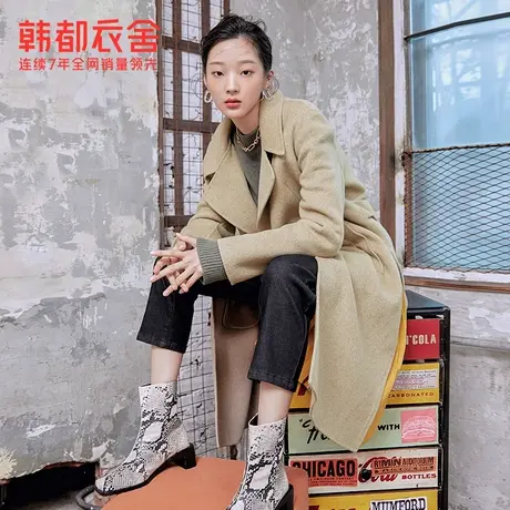 韩都衣舍2023韩版女装秋冬新款拼接中长款羊毛毛呢外套PT9763图片