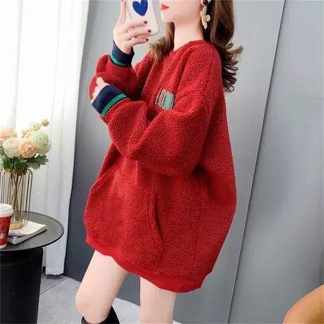 加绒加厚羊羔毛卫衣外套女秋冬2022新款宽松爆款时尚刺绣字母上衣商品大图