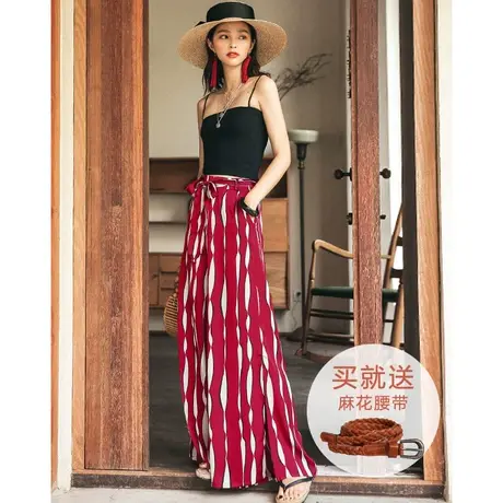 弥古红色高腰波西米亚冰丝雪纺阔腿裤薄款女夏季印花开叉裙裤长裤商品大图