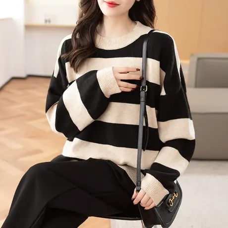 2023秋冬新款韩版宽松圆领条纹套头长袖针织衫毛衣女百搭上衣打底商品大图