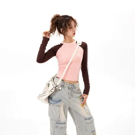 YEP美式辣妹风短款紧身长袖t恤女秋冬2023年新款插肩袖内搭打底衫图片