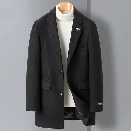 秋冬时尚中长款毛呢韩版青年呢子西装男外套潮牌韩版毛呢大衣黑色图片
