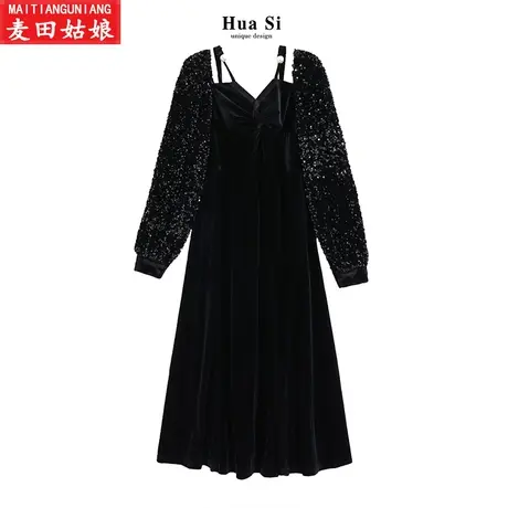 女装2023新款冬季法式金丝绒吊带连衣裙亮片长裙高级感名媛晚礼服图片