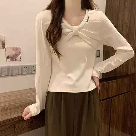 别致绝美上衣气质早春微胖修身显瘦小心机蝴蝶结百搭正肩长袖T恤商品大图