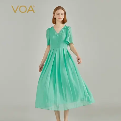 VOA真丝乔其纱春绿双层设计V领泡泡袖褶锏收腰原创清新田园连衣裙图片