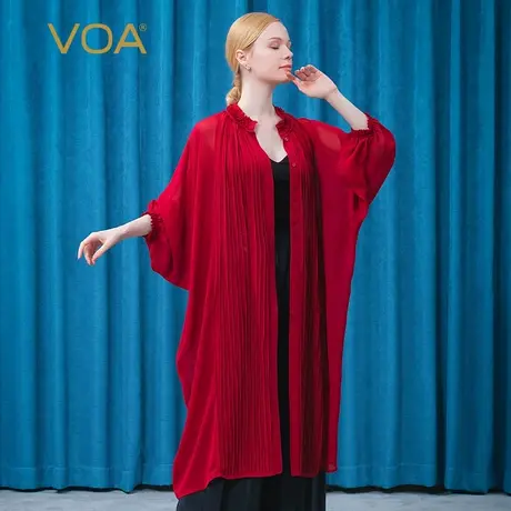 VOA真丝乔其酒红色立领木耳边立体装饰蝙蝠袖褶皱微透桑蚕丝外套商品大图