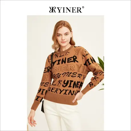 YINER音儿专选女装冬季法式提花套头字母毛衣商品大图