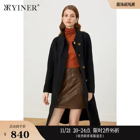 YINER音儿线上专选女装冬季兔耳领长款外套纯绵羊毛双面呢大衣图片