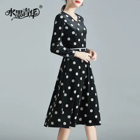 【1件7.9折】冬季新品时尚V领波点印花丝绒裙简约百搭显瘦连衣裙图片